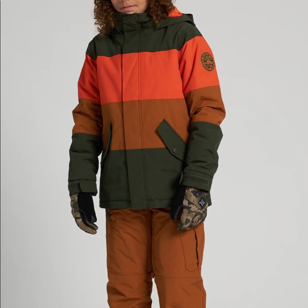 Boys Burton Symbol Jacket and Sklyar Snow Bib Set Green and Orange Size Medium